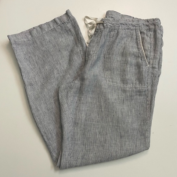 Caslon Pants - Caslon Pants Pull On Elastic Linen Palazzo Lounge Pockets Striped Blue Cream